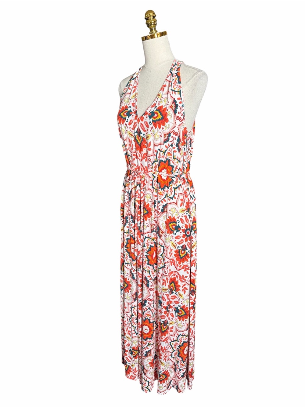 Boden Women Red Tile Print Halter Maxi Dress V-Neck Tie Waist Summer Resort 12R - Picture 5 of 13